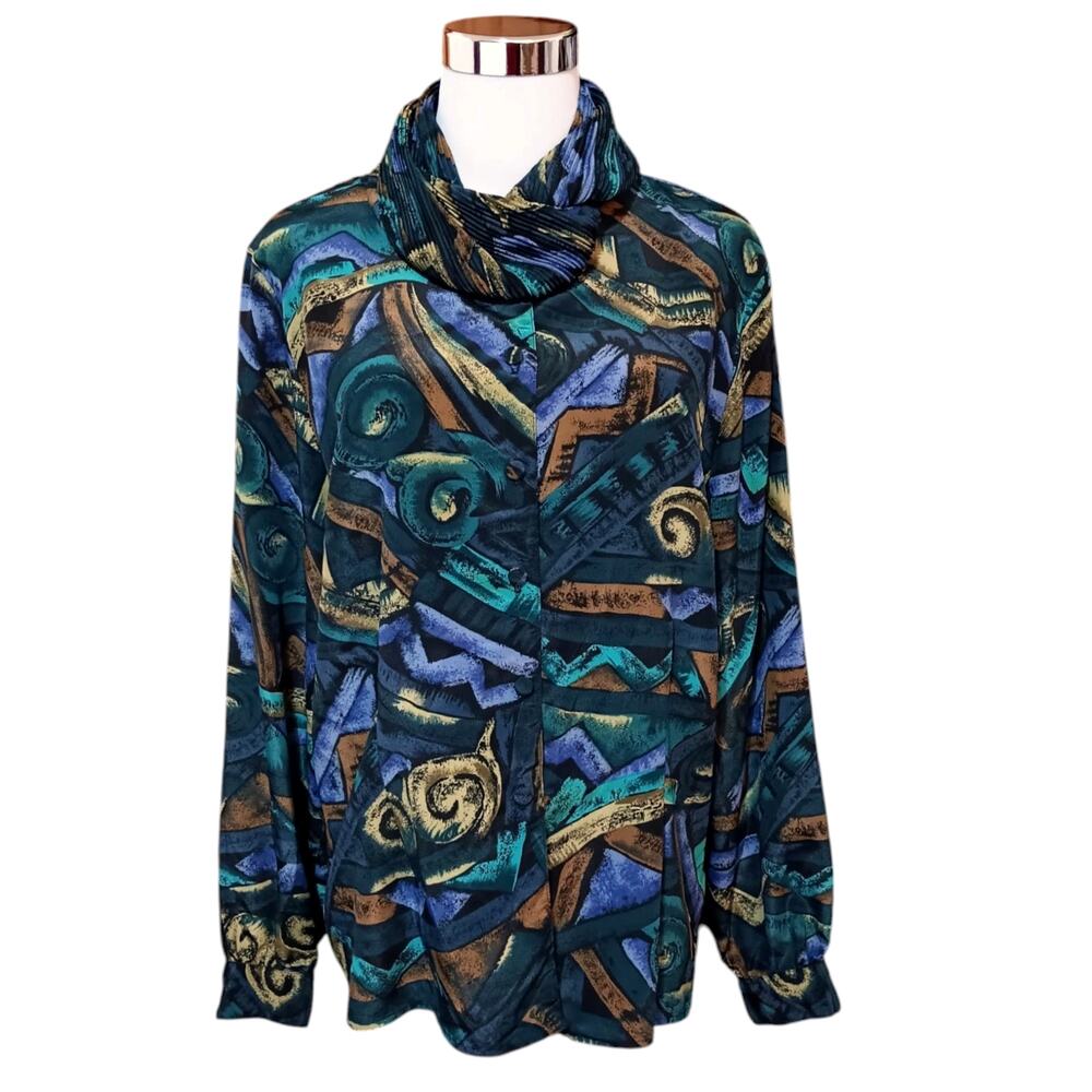 VINTAGE Colorful Blouse Top XL High‎ Neck Classic Geometric Career Office Dressy